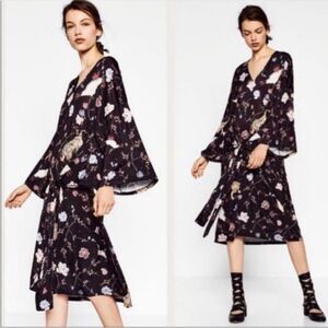 ZARA | Crane Tiger Print Kimono Style Black Wrap Dress Women’s Size Small